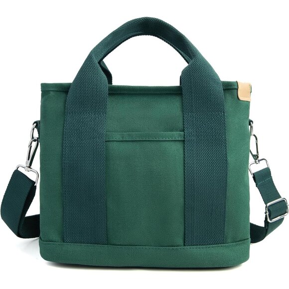 Women's Dark Green Canvas Tote Bag With Multi Pockets Shoulder Bags With Zipper - Picture 1 of 6